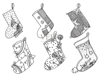 一套圣誕襪。矢量程式化的冬天襪子的集合。一整套裝飾圣誕絲襪。手工繪制的黑色和白色。涂鴉藝術(shù)矢量圖素材下載 - Veer圖庫